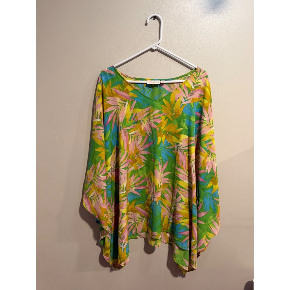 Belle by Kim Gravel Tropical Palm Print Poncho Top V-Neck Multicolor 3X 685